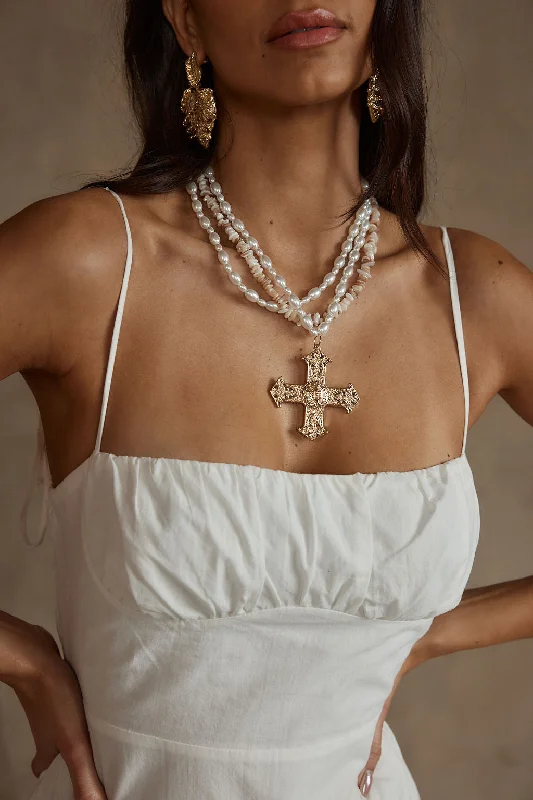 Angelica Gold Pearl Cross Statement Necklace