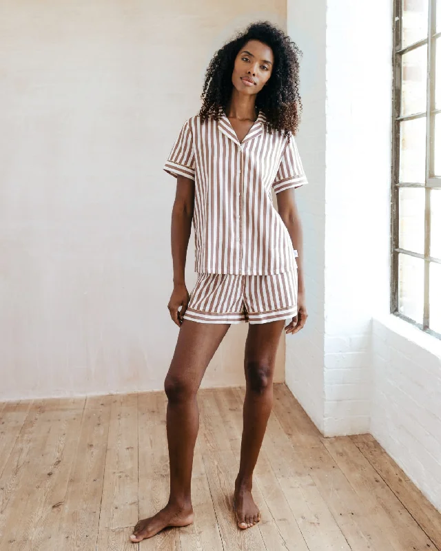 Organic Cotton Sateen Stripe Short Pyjama Set - Brown