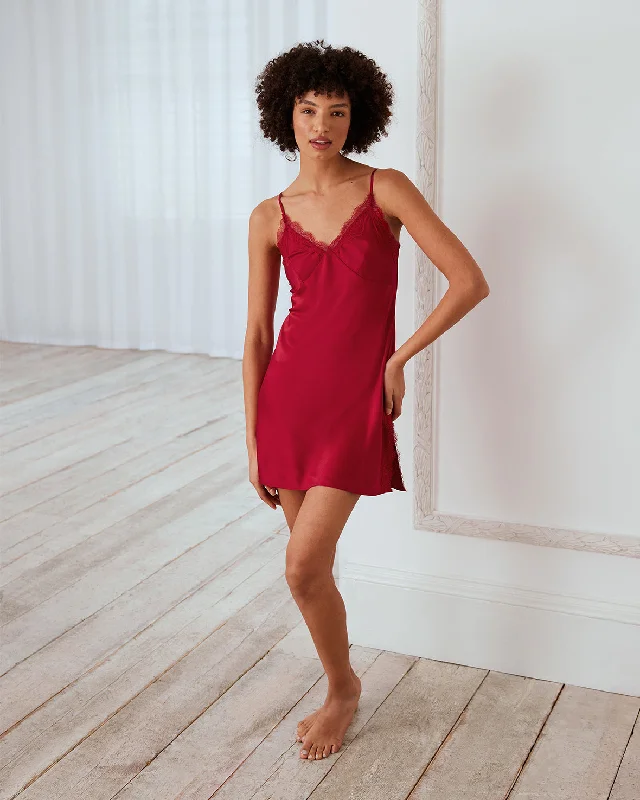 Satin Lace Trim Slip Nightdress - Red