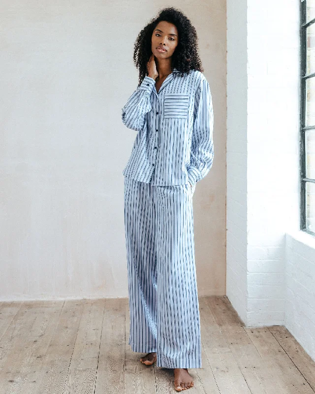 Organic Cotton Sateen Stripe Long Pyjama Set - Blue