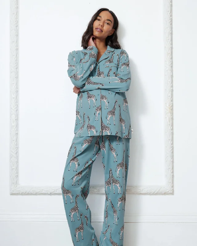 Maternity Organic Cotton Giraffe Print Long Pyjama Set - Blue