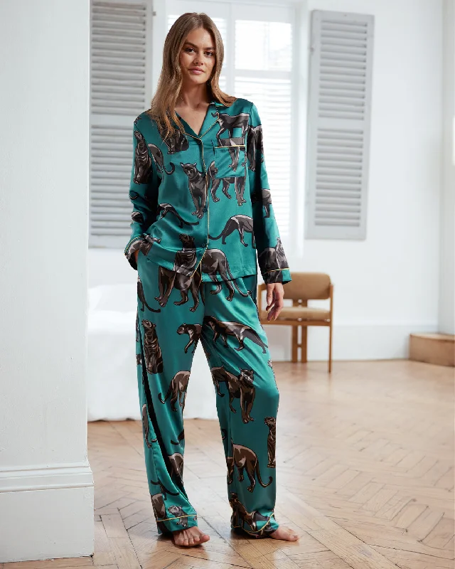 Satin Jaguar Print Long Pyjama Set - Teal