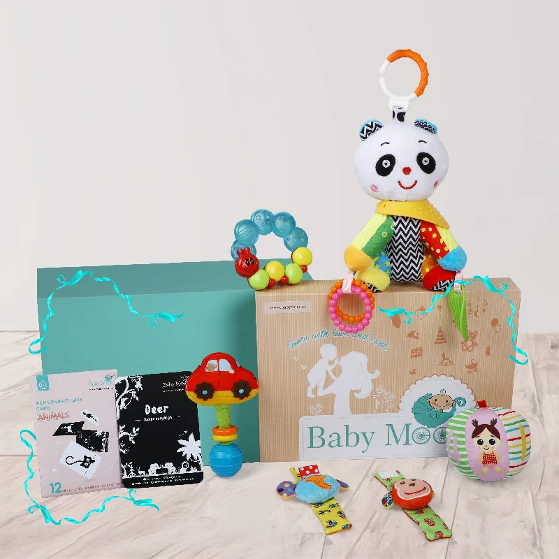 Newborn Play Kit With High Contrast Cards, Toy Rattles And Teethers 6 Items 0-12M - Multicolour