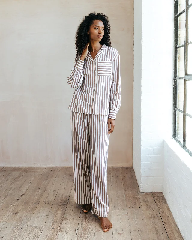 Organic Cotton Sateen Stripe Long Pyjama Set - Brown