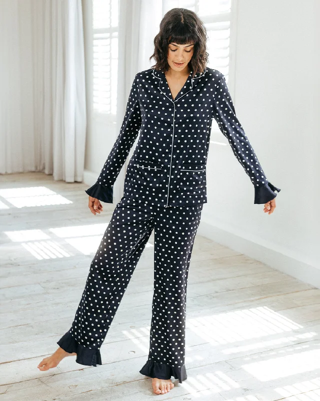 Satin Frill Polka Dot Long Pyjama Set - Navy