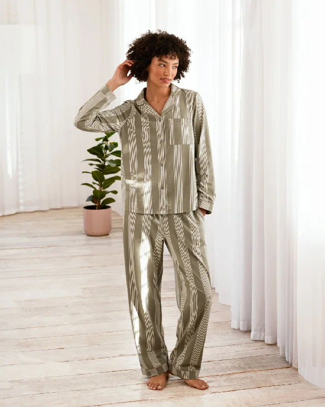 Organic Cotton Stripe Button Up Pyjama Set - Khaki