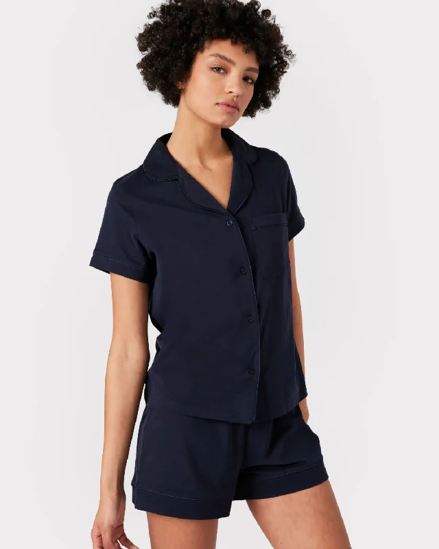 Organic Cotton Button Up Short Pyjama Set - Navy