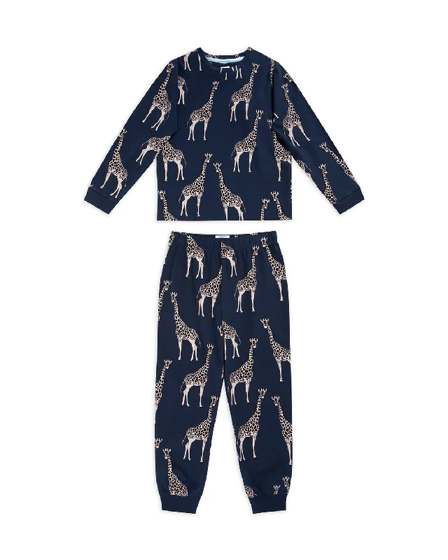 Kids Organic Cotton Giraffe Print Long Pyjama Set - Navy