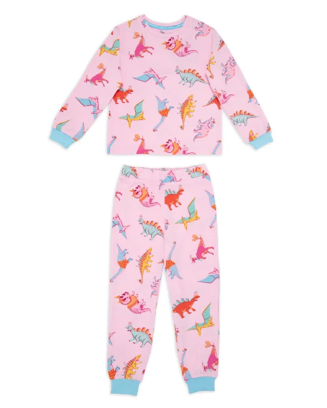 Kids Dinosaur Print Long Pyjama Set - Pink