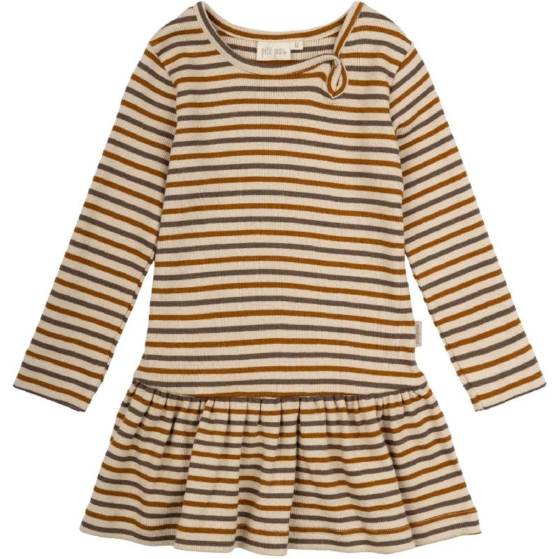 Petit Piao Chocolate Brown/Golden Sun/Dark Off White Dress Modal Striped