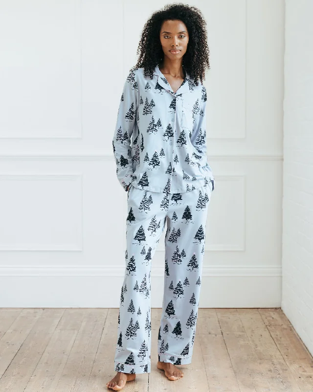 Organic Cotton Christmas Tree Print Long Pyjama Set - Blue