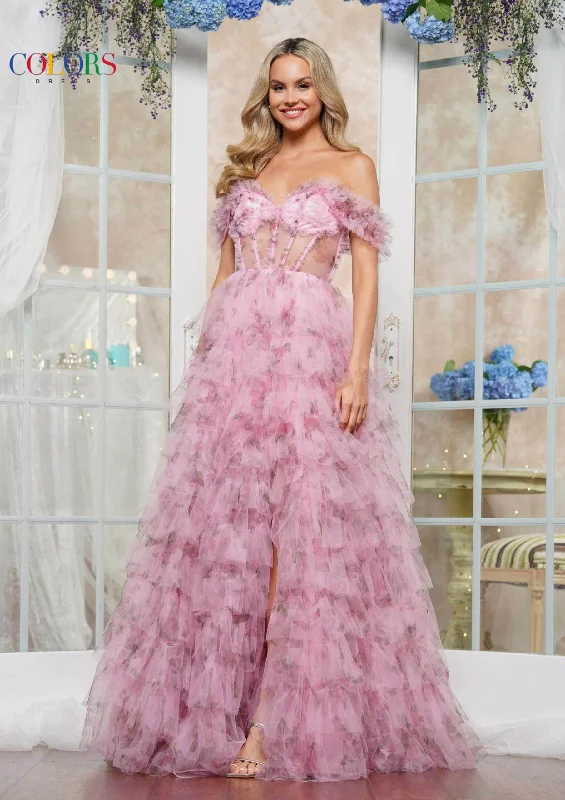 Colors Dress 3504 - Off-Shoulder Floral Printed Prom Gown