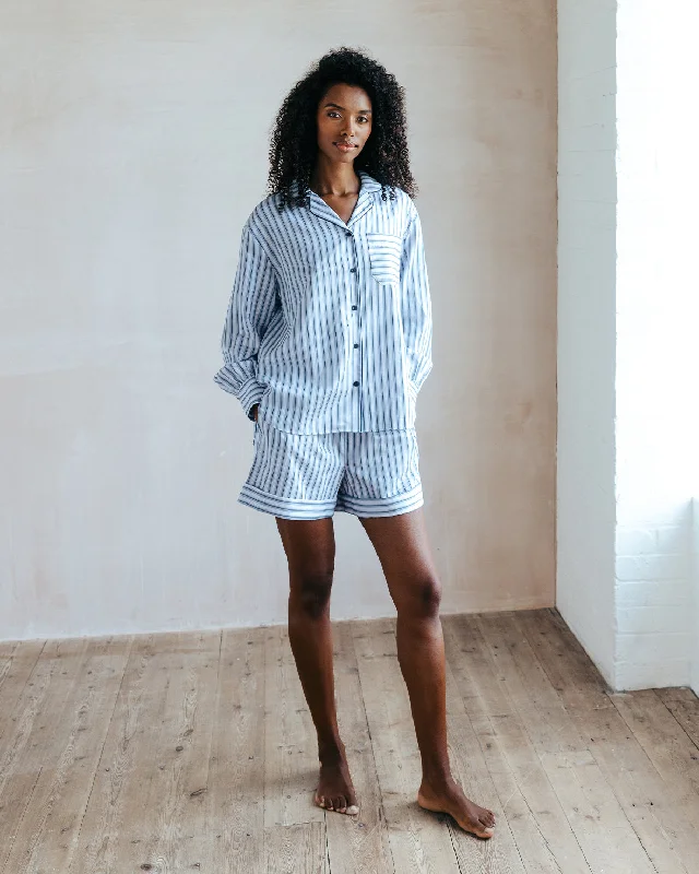 Organic Cotton Sateen Stripe Short Pyjama Set - Blue