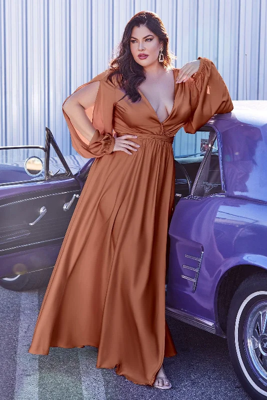 Cinderella Divine 7475C Plus Size Formal Long Sleeve Satin Dress