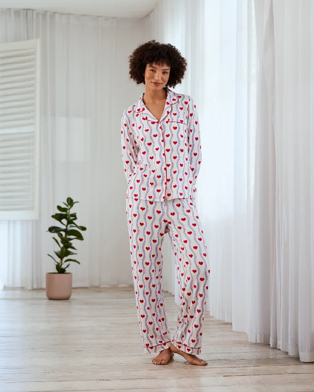 Wavy Stripe Heart Print Long Pyjama Set