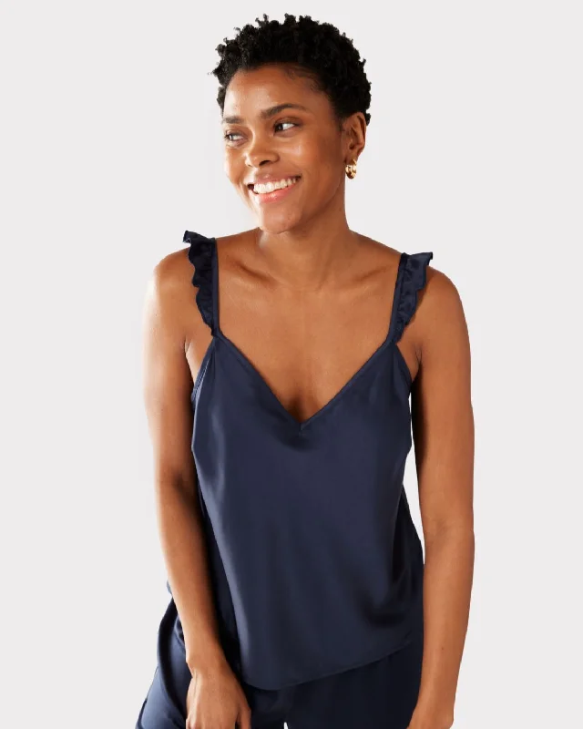 Satin Frill Trim Cami Short Pyjama Set - Navy