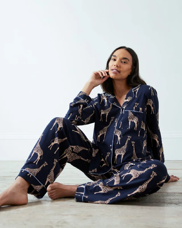 Maternity Organic Cotton Giraffe Print Long Pyjama Set - Navy