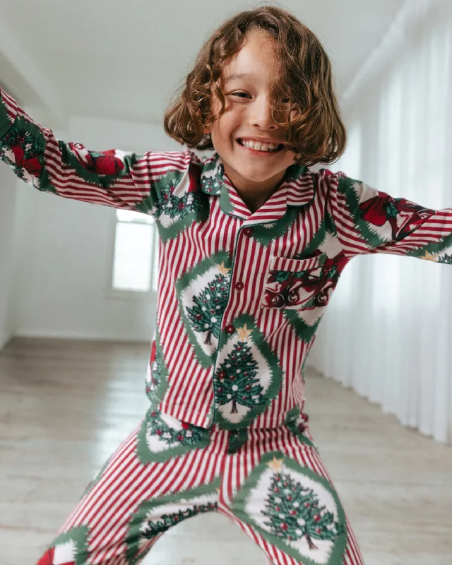 Kids Organic Cotton Christmas Vintage Tree & Wreath Print Long Pyjama Set