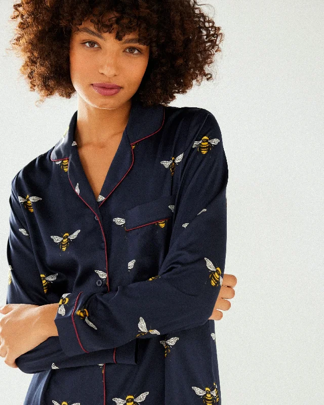 Satin Navy Bee Print Long Pyjama Set