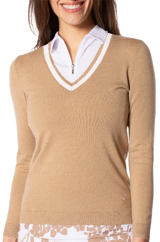 Camel/White Stretch V-Neck Sweater