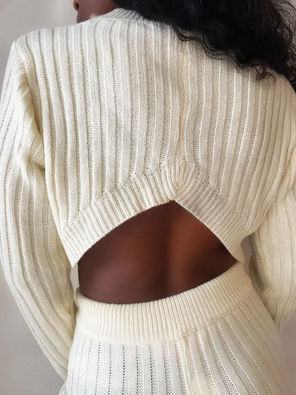 Vanilla Ribbed Knit crop open back sweater