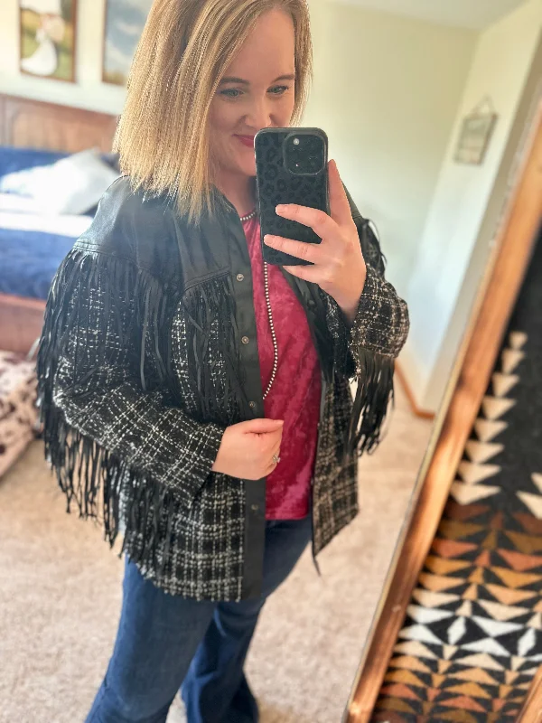 Black Plaid / Pleather Fringe Jacket