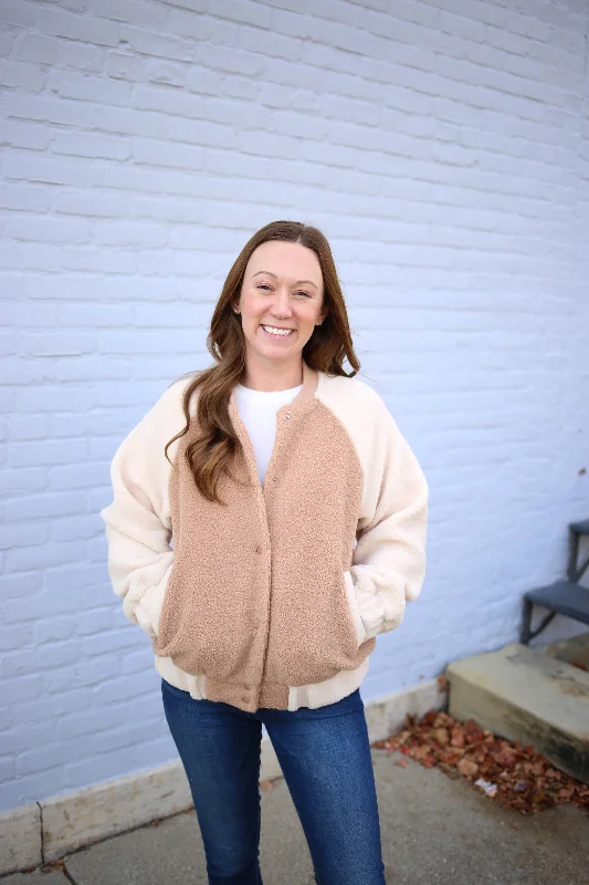 Cream Sherpa Varsity Jacket | Boutique Elise | Cameron