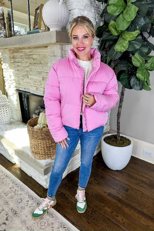 Drawstring Back Pocketed Puffer Jacket in Pink