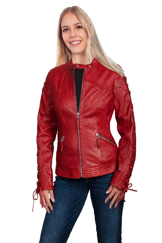 Scully Womens Red Lamb Leather Laced Sleeve Jacket