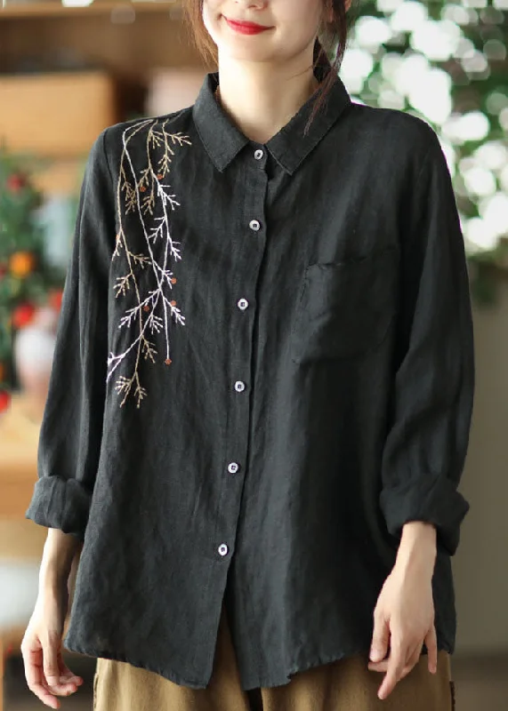 Black Patchwork Linen Shirt Top Embroideried Button Spring