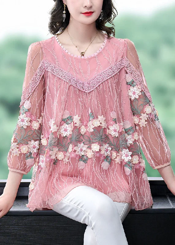 Boutique Pink Embroideried Floral Tulle Shirt Long Sleeve