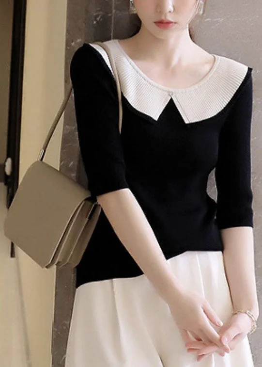 Casual Black Peter Pan Collar Patchwork Knit T Shirt Tops Summer