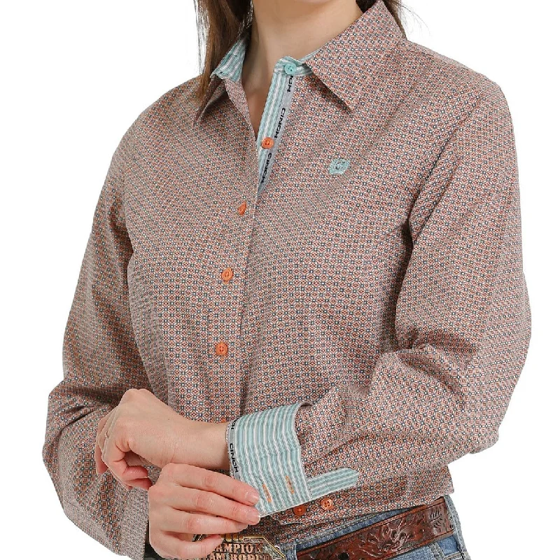 Cinch Women's Blush and Blue Diamond Print Western Button Down Shirt