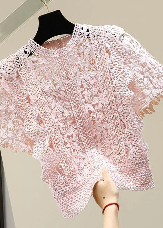 DIY Pink O Neck Hollow Out Patchwork Lace Shirt Summer