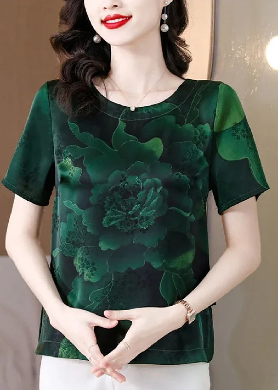 Elegant Blackish Green O-Neck Print Side Open Silk Shirt Top Summer