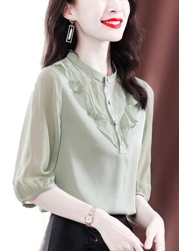 Fine Light Green Ruffled Patchwork Silk Shirts Summer