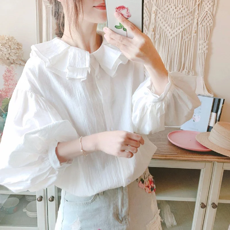 Flounce Lantern Sleeve Loose White Shirt For Women