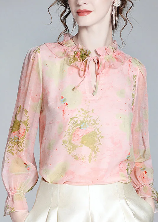 French Pink Ruffled Print Neck Tie Silk Shirts Spring