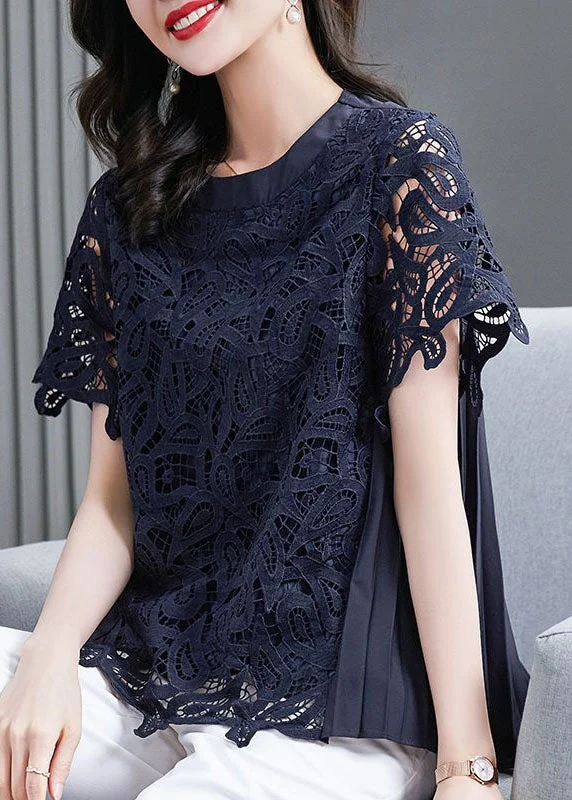 Handmade Navy O Neck Wrinkled Patchwork Lace T Shirt Top Summer