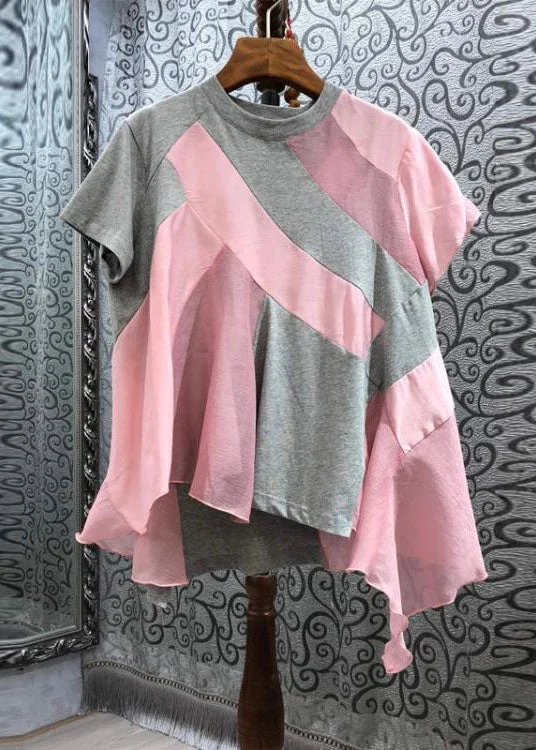 Italian Colorblock Asymmetrical Patchwork Cotton T Shirt Tops Summer