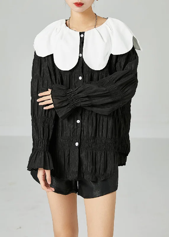 Loose Black Peter Pan Collar Patchwork Wrinkled Silk Shirt Top Spring