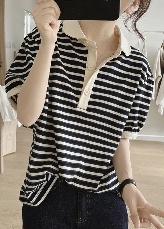 Modern Black Peter Pan Collar Striped Knit T Shirt Summer