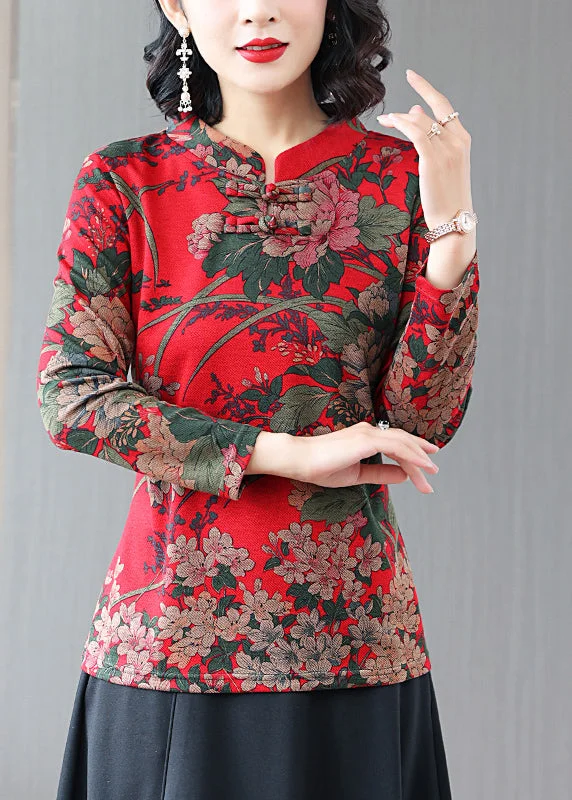 Modern Red Stand Collar Print Button Velour Shirt Long Sleeve