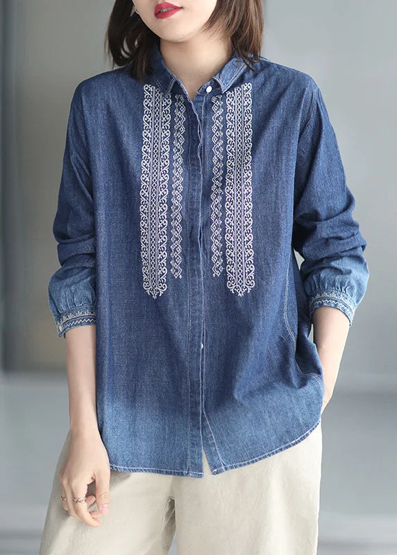 Natural Blue Peter Pan Collar Embroideried Patchwork Denim Shirt Long Sleeve