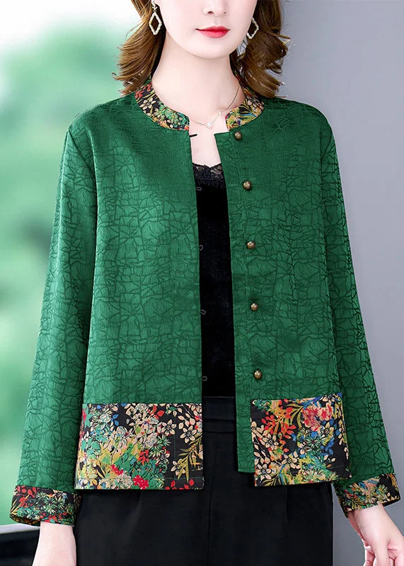 Natural Green Print Patchwork Silk Shirts Long Sleeve