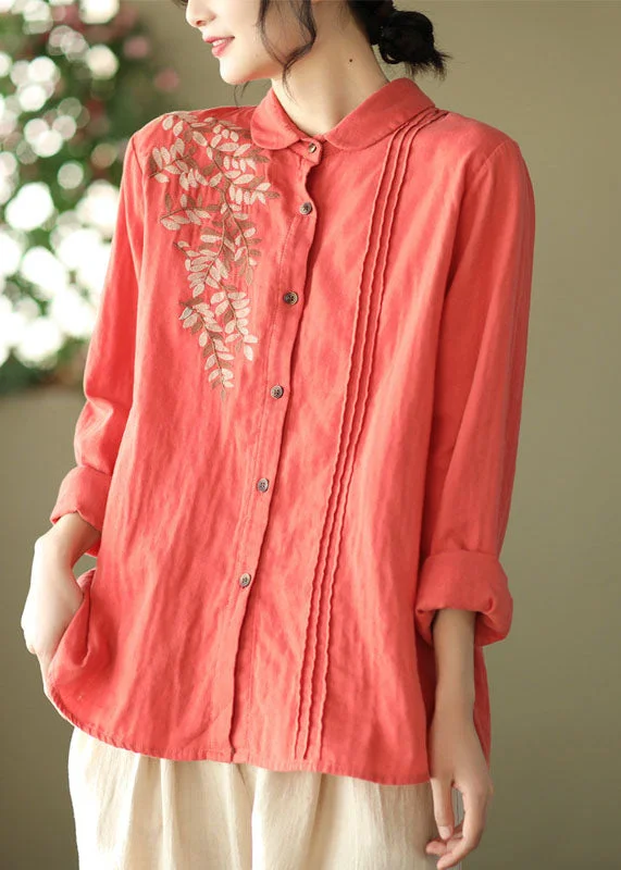 Red Slim Fit Cotton Shirt Top Embroideried Wrinkled Spring