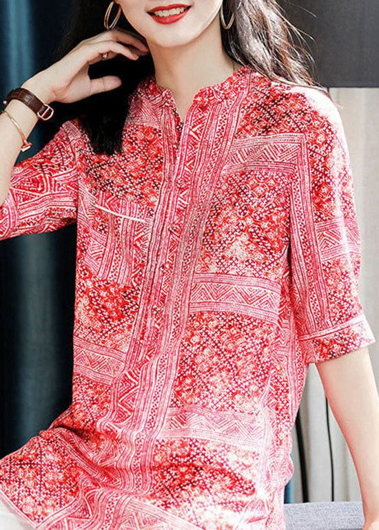 Style Red Stand Collar Print Side Open Silk Shirts Summer