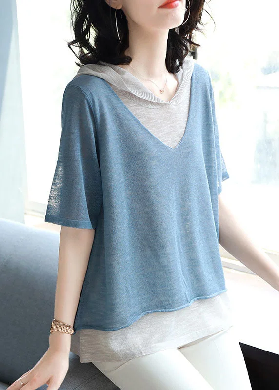 Unique Blue Hooded False Two Pieces Patchwork Knit Shirt Top Summer