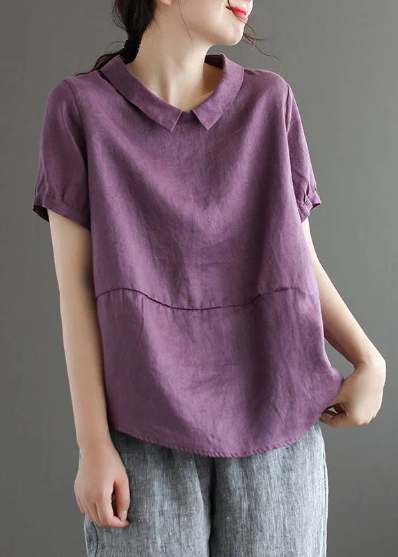 Unique Purple Peter Pan Collar Patchwork Linen T Shirts Summer