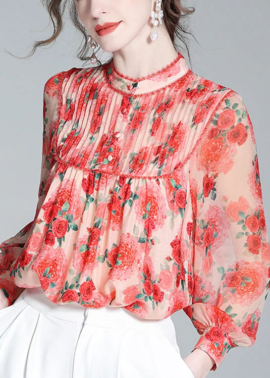 Vogue Red Stand Collar Print Patchwork Silk Shirt Long Sleeve